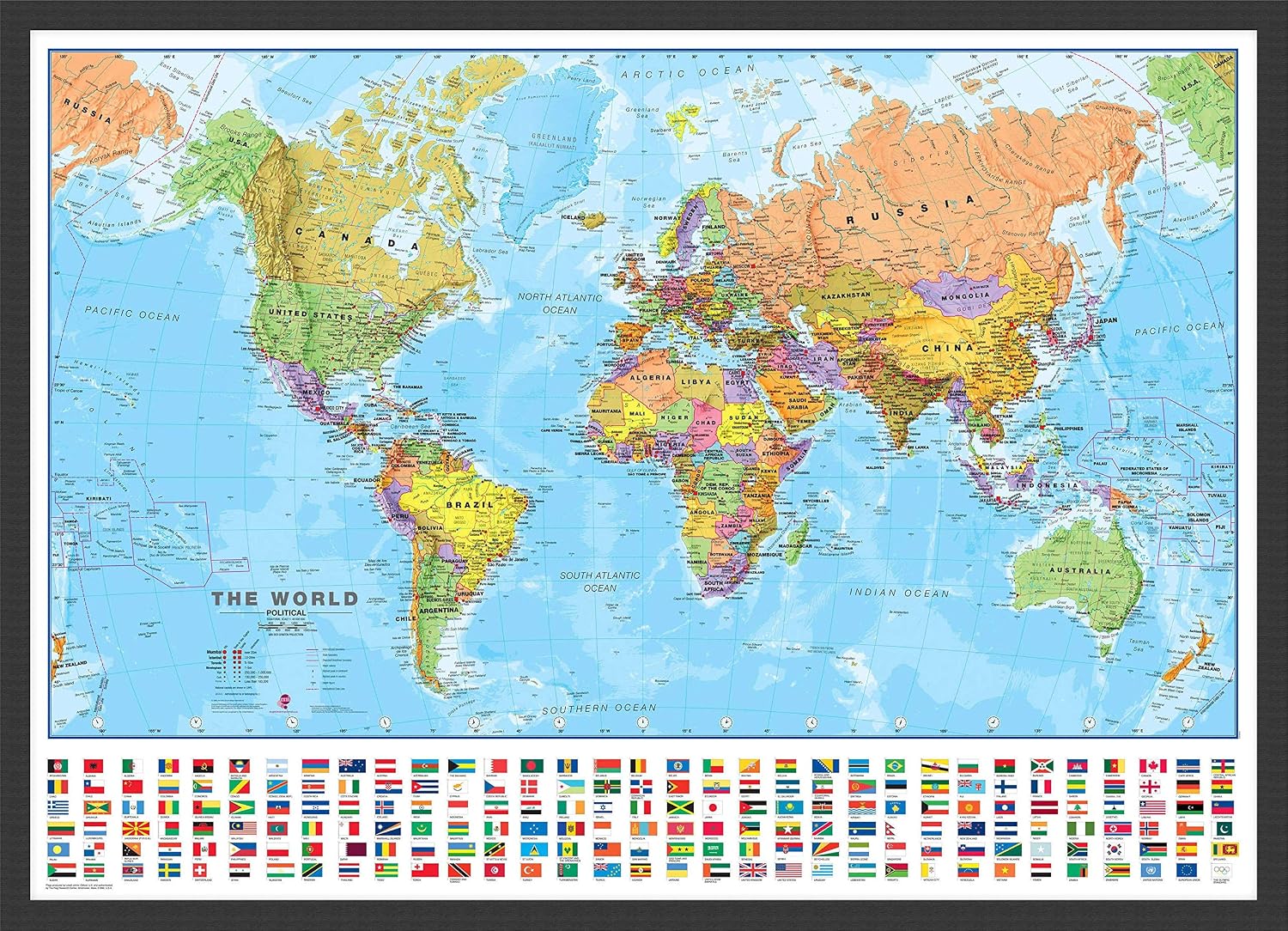 Maps International Medium Political World Wall Map with Flags - Push Pin Board Mounted with Black Wood Frame - 24 x 36