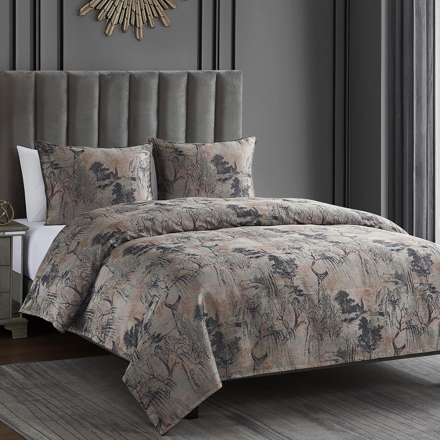 HiEnd Accents Pastoral Jacquard 3 Piece Duvet Cover Set with Pillow Shams, King, Rose Metallic Tree Floral Abstract Pattern, Modern Style Luxury Bedding Set, 1 Comforter Cover, 2 Pillowcases