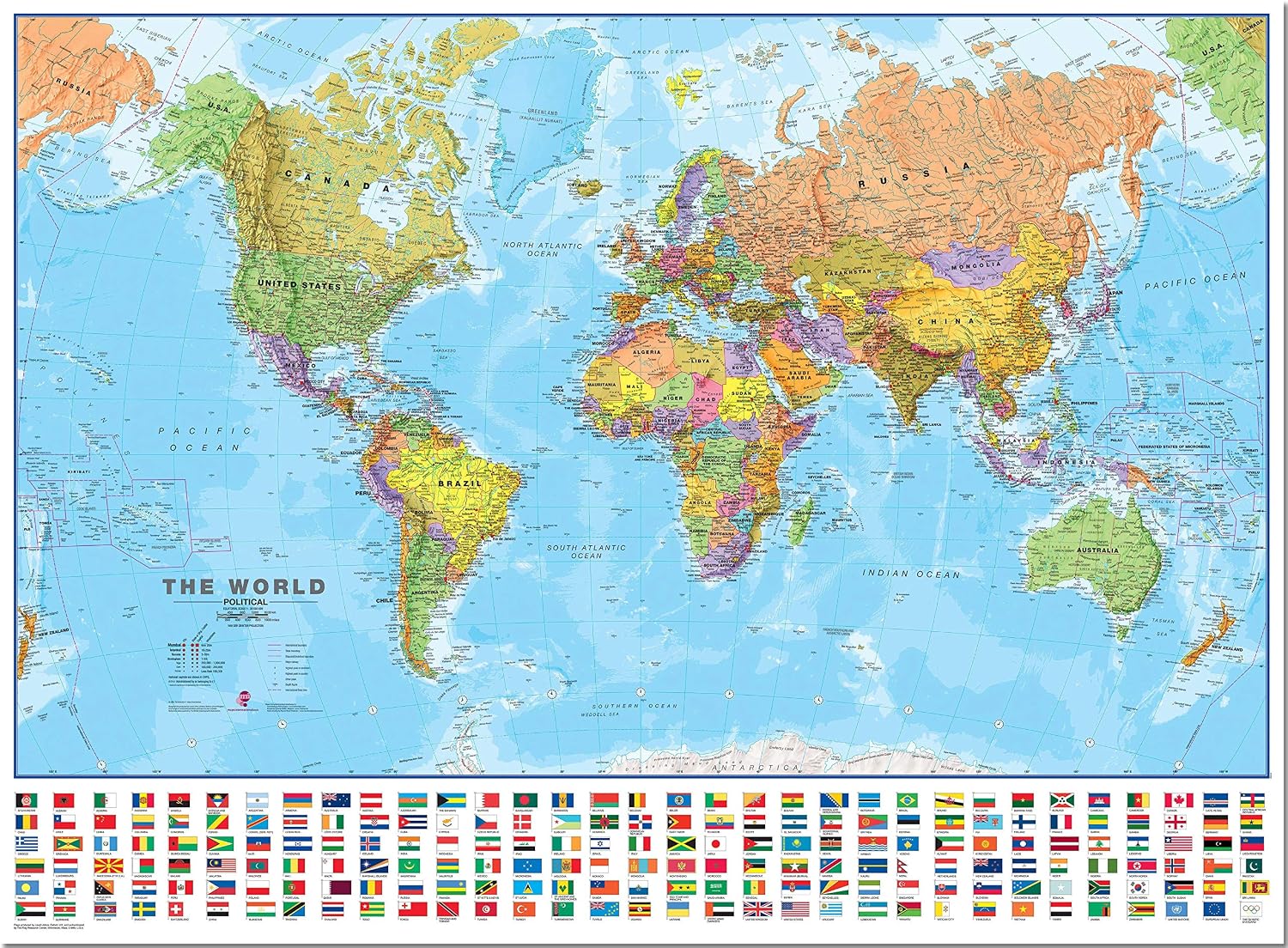 Maps International Large Political World Wall Map with Flags - Pinboard - 36 x 48