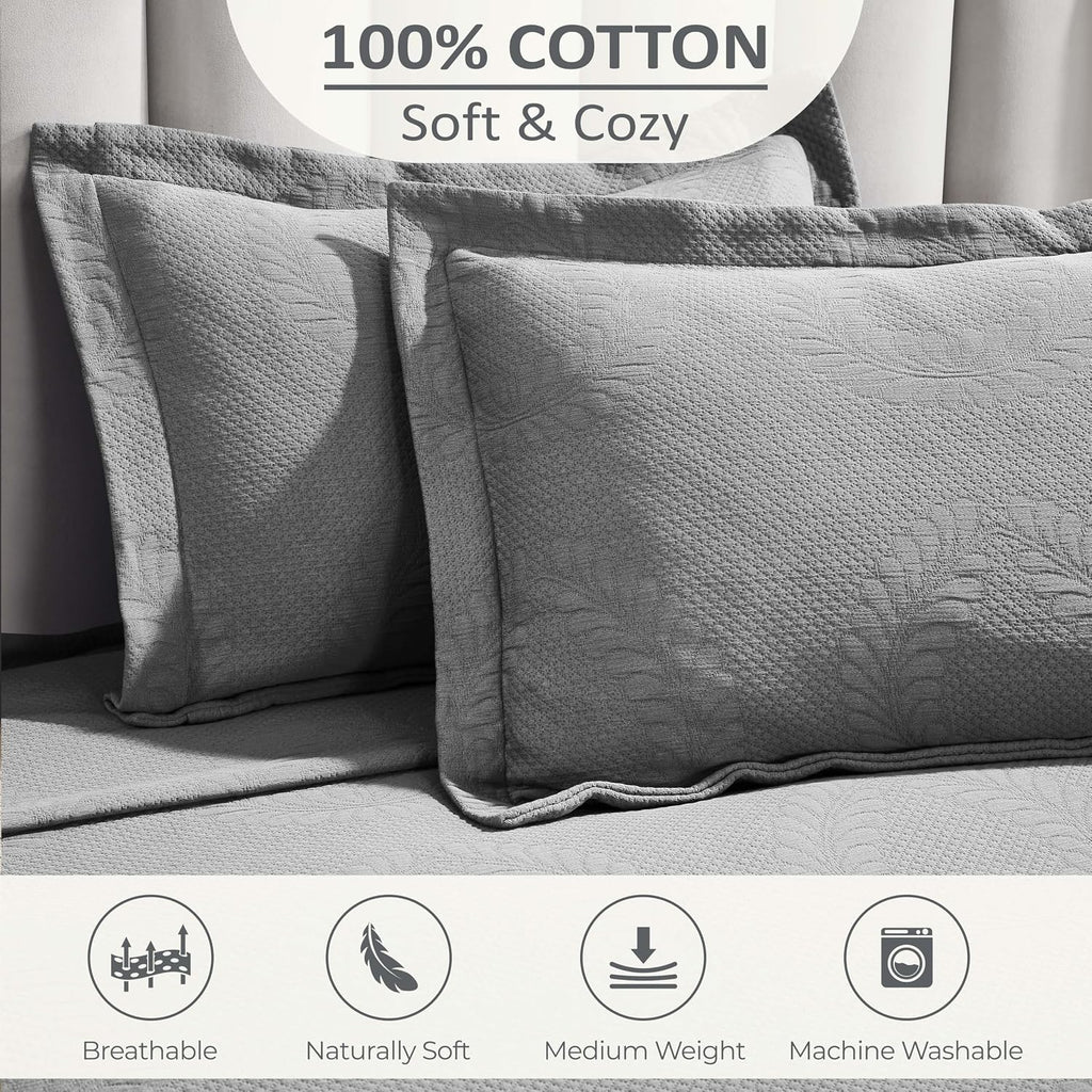 Superior 3 Piece Cotton Bedspread Set, Home Bed Decor, Decorative Bed Spread, 2 Pillow Shams, Medium Weight Blanket, Matelasse Coverlet, Bedding Essentials, Peploi Collection, California King, Grey