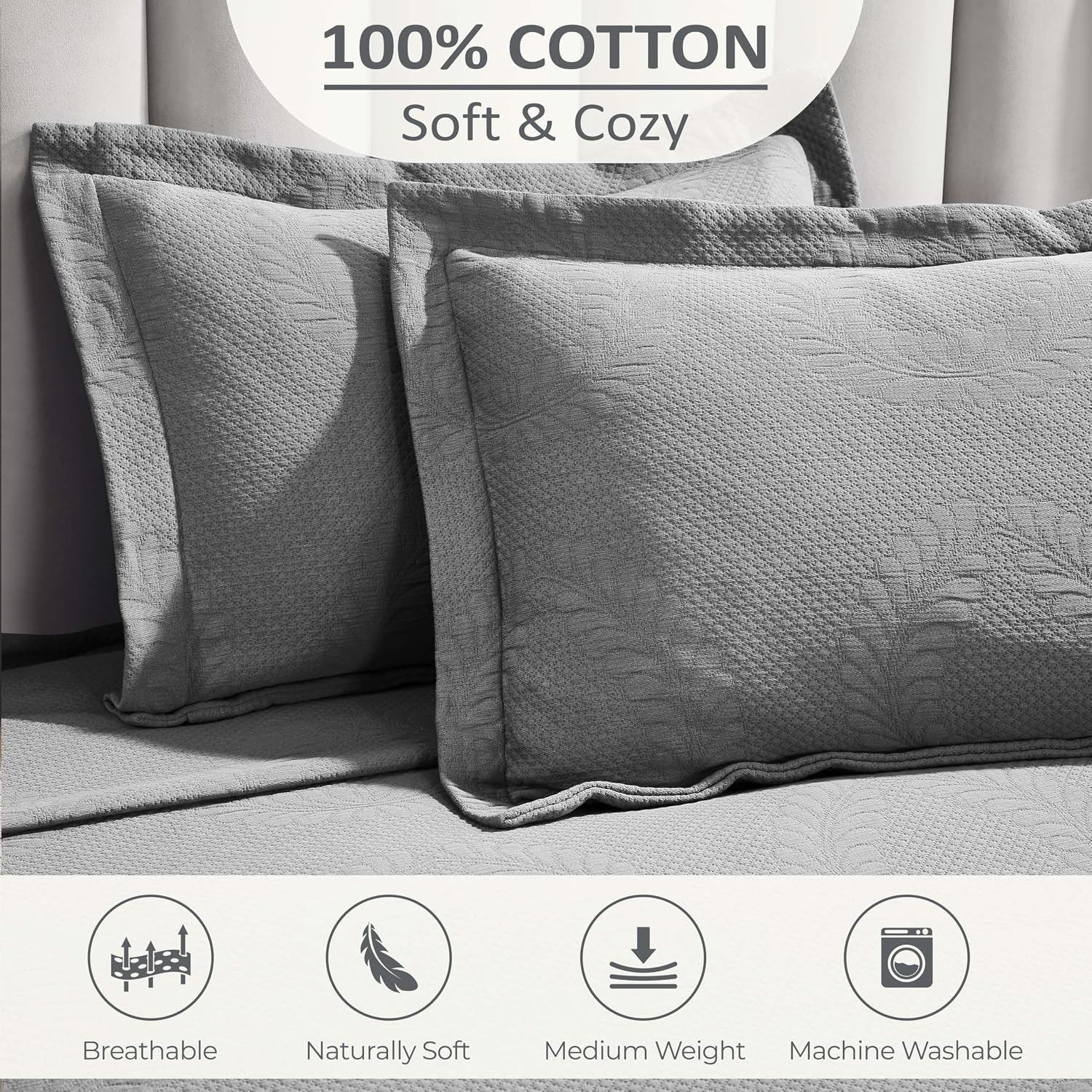 Superior 3 Piece Cotton Bedspread Set, Home Bed Decor, Decorative Bed Spread, 2 Pillow Shams, Medium Weight Blanket, Matelasse Coverlet, Bedding Essentials, Peploi Collection, California King, Grey
