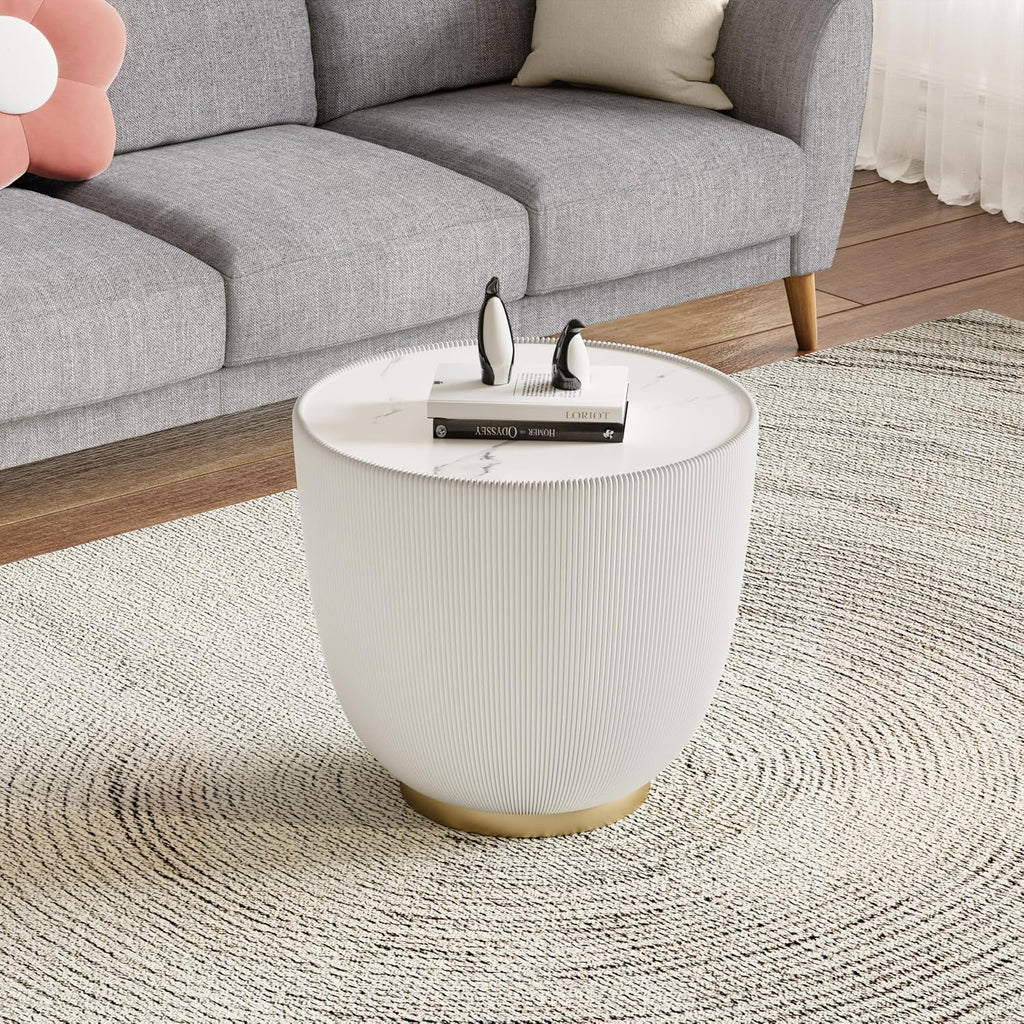 Round Coffee Table Set, 27.56' Grey Drum Center Table and 19.69' White Coffee Table Set, 2 Pieces Living Room Table Set with Sintered Stone Tabletop, Fluted PU Leather Covered and Metal Base