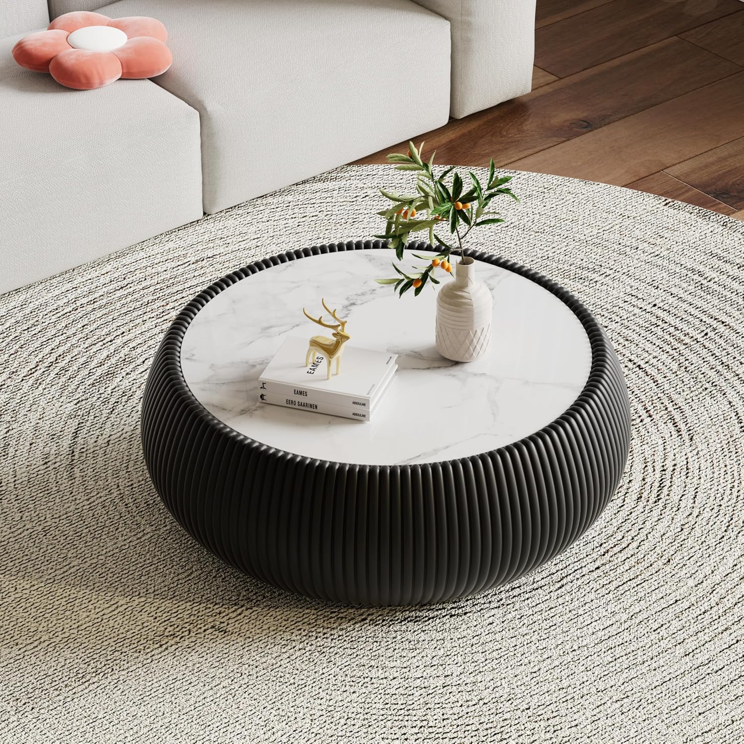 Black Round Coffee Table, 27.55' Drum Coffee Table with Sintered Stone Tabletop and Fluted PU Leather Covered and Stable Base, Circle Cocktail Tea Table for Living Room