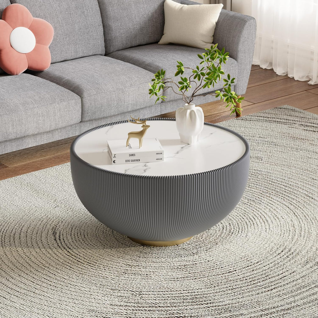 Round Coffee Table Set, 27.56' Grey Drum Center Table and 19.69' Orange Coffee Table Set, 2 Pieces Living Room Table Set with Sintered Stone Tabletop,Fluted PU Leather Covered and Metal Base