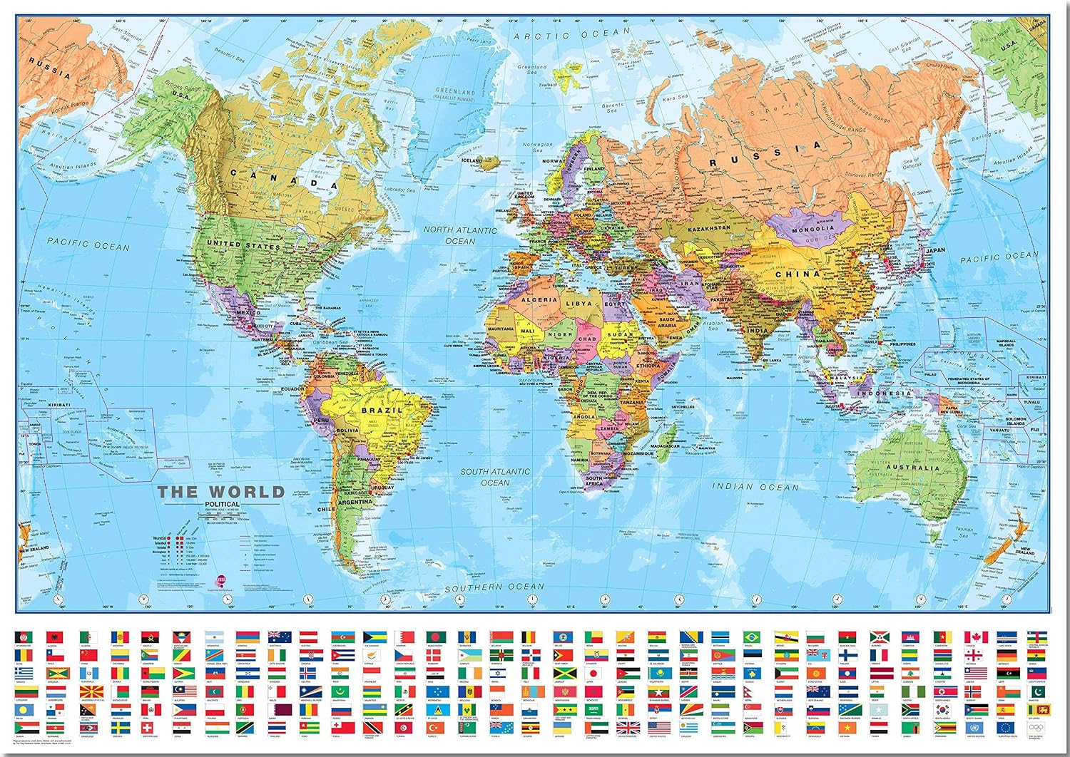 Maps International Medium Political World Wall Map with Flags - Pinboard - 24 x 36