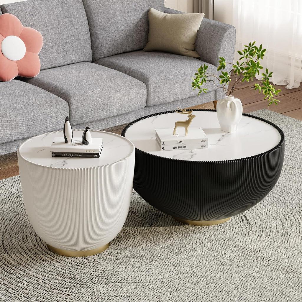 27.55' Black Round Coffee Table, Drum Coffee Table with Sintered Stone Tabletop and Fluted PU Leather Covered and Metal Base, Circle Cocktail Tea Table for Living Room
