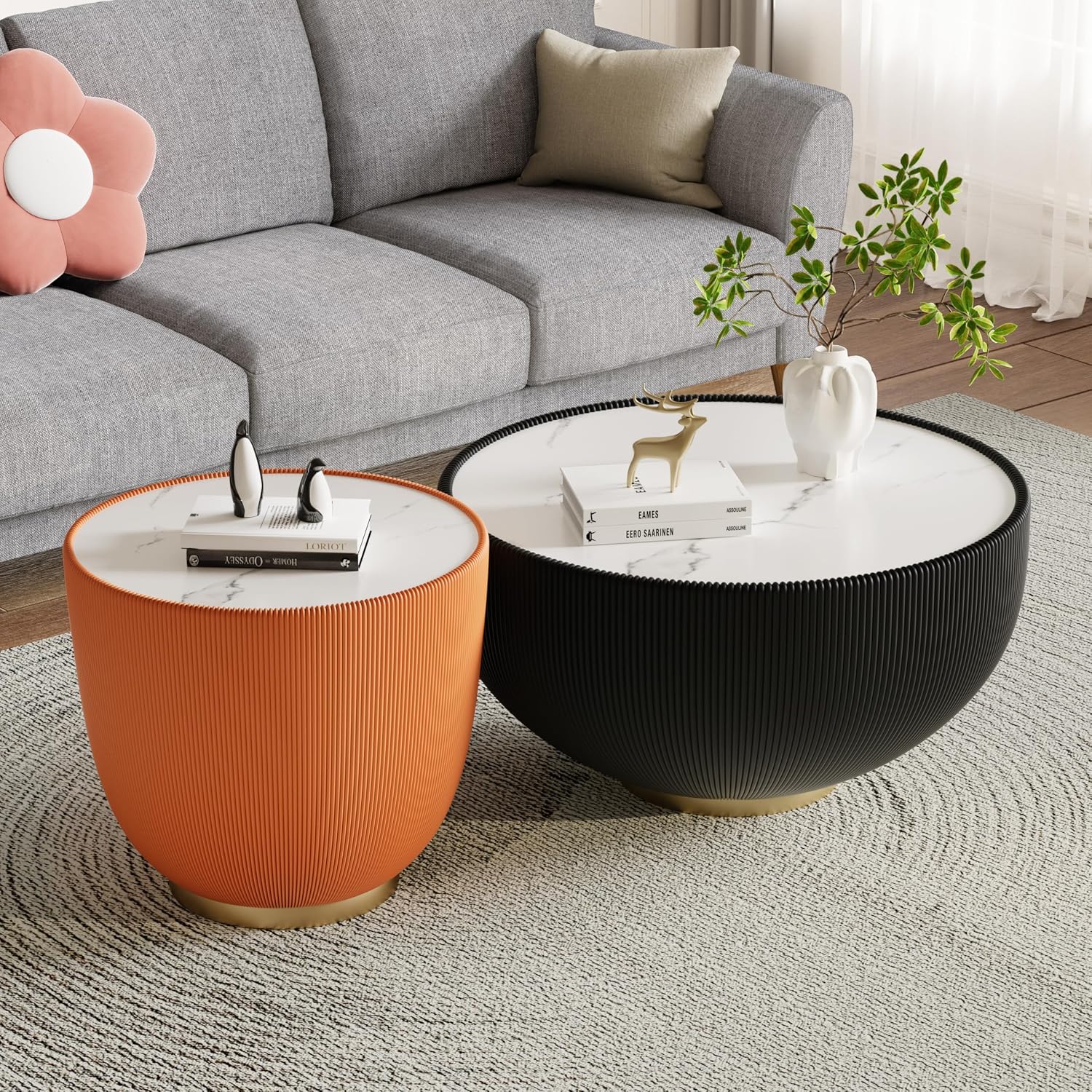 Round Living Room Table Set, 27.56' Black Drum Center Table and 19.69' Orange Coffee Table Set, 2 Pieces Coffee Table Set with Sintered Stone Tabletop, Fluted PU Leather Covered and Metal Base
