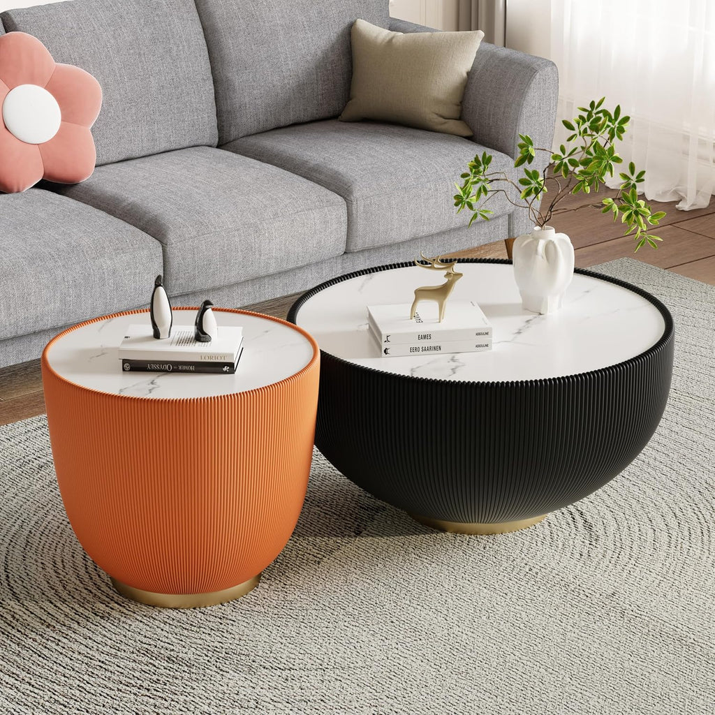 Round Coffee Table Set, 27.56' Black Drum Center Table and 19.69' Orange Coffee Table Set, 2 Pieces Living Room Table Set with Sintered Stone Tabletop, Fluted PU Leather Covered and Metal Base