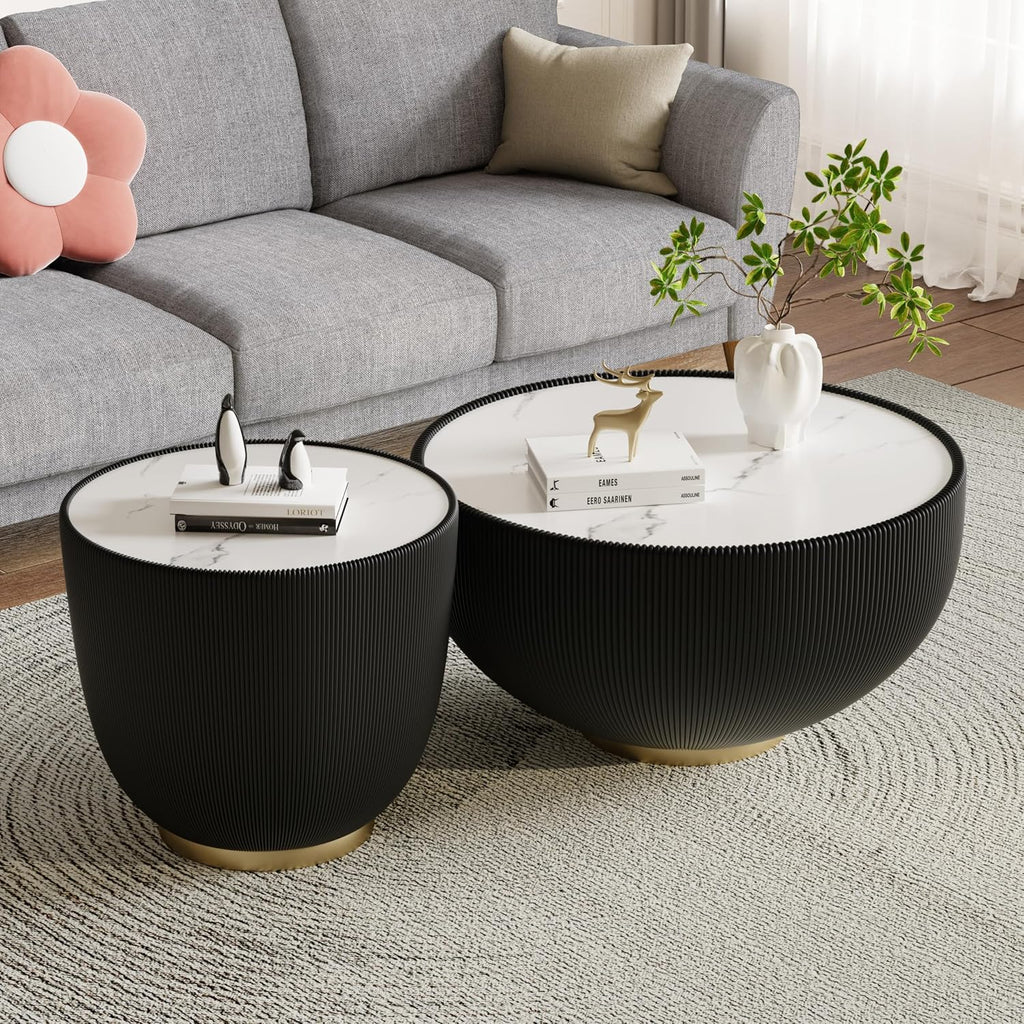 Round Living Room Table Set, 27.56' Black Drum Center Table and 19.69' Black Coffee Table Set, 2 Pieces Coffee Table Set with Sintered Stone Tabletop, Fluted PU Leather Covered and Metal Base