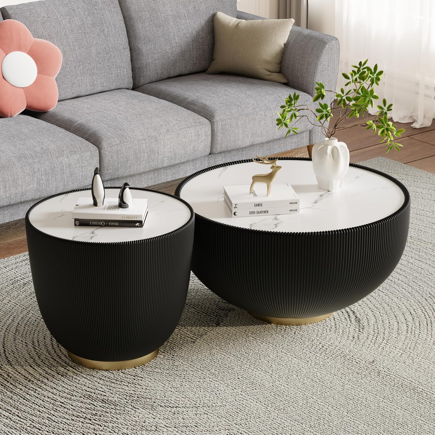 Round Coffee Table Set, 27.56' Black Drum Center Table and 19.69' Black Coffee Table Set, 2 Pieces Living Room Table Set with Sintered Stone Tabletop, Fluted PU Leather Covered and Metal Base