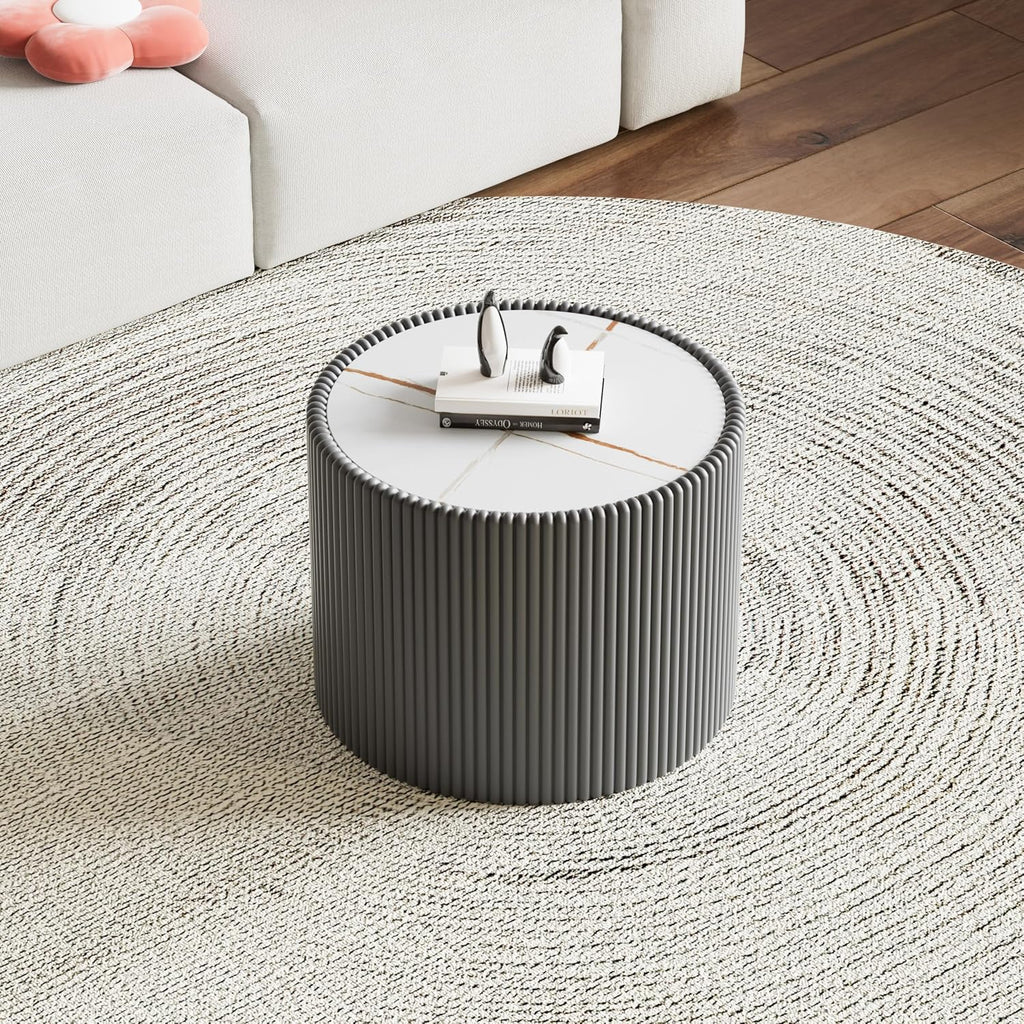 Round Living Room Table Set, 29.52' White Drum Center Table and 17.71' Grey Coffee Table Set, 2 Pieces Coffee Table Set with Sintered Stone Tabletop, Fluted PU Leather Covered and StableBase