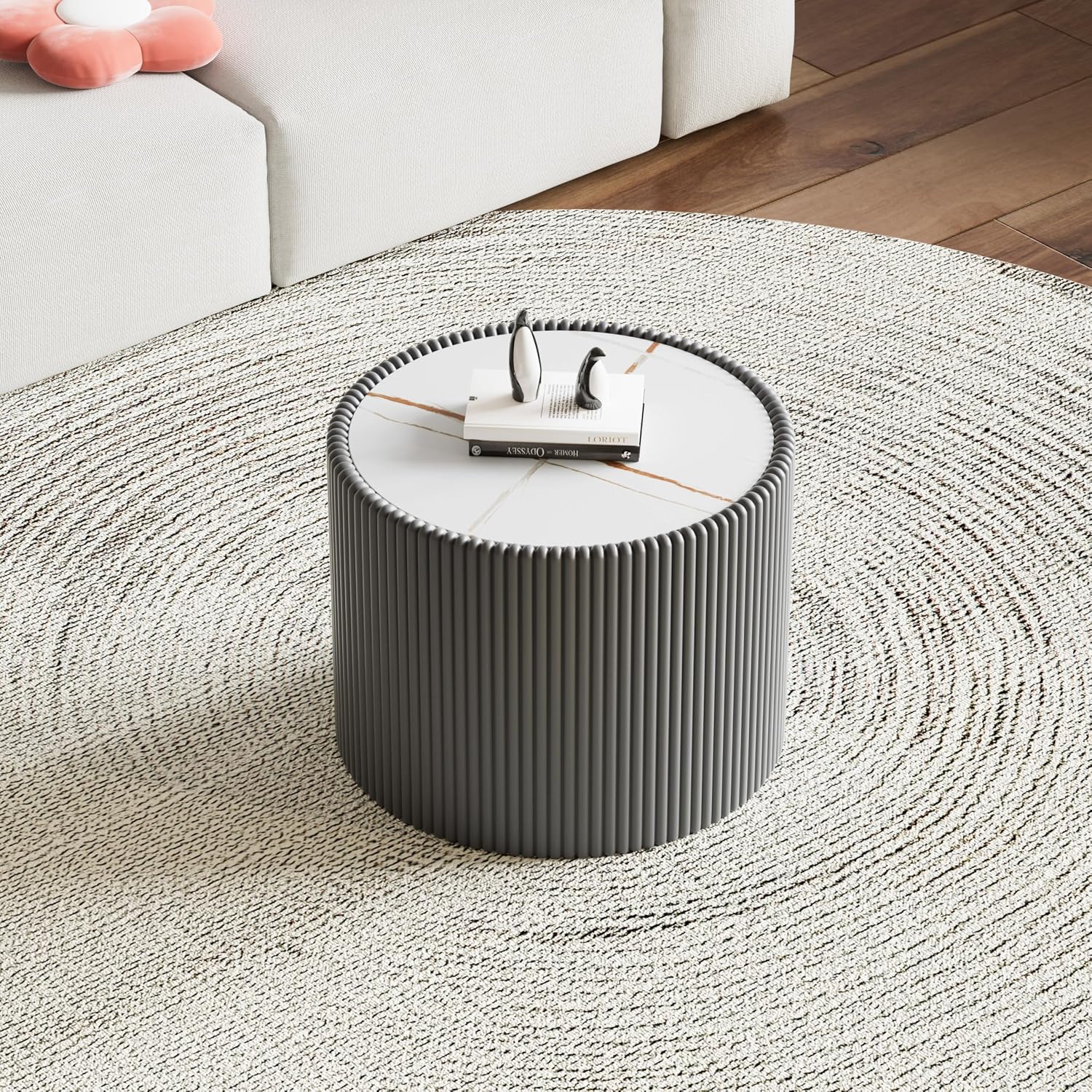Round Living Room Table Set, 29.52' White Drum Center Table and 17.71' Grey Coffee Table Set, 2 Pieces Coffee Table Set with Sintered Stone Tabletop, Fluted PU Leather Covered and StableBase