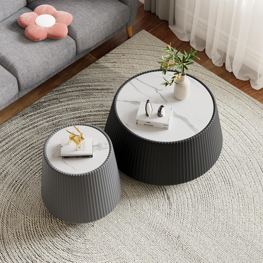 Round Living Room Table Set, 26.77' Black Drum Center Table and 19.68' Grey Coffee Table Set, 2 Pieces Coffee Table Set with Sintered Stone Tabletop, Fluted PU Leather Covered and Stable Base