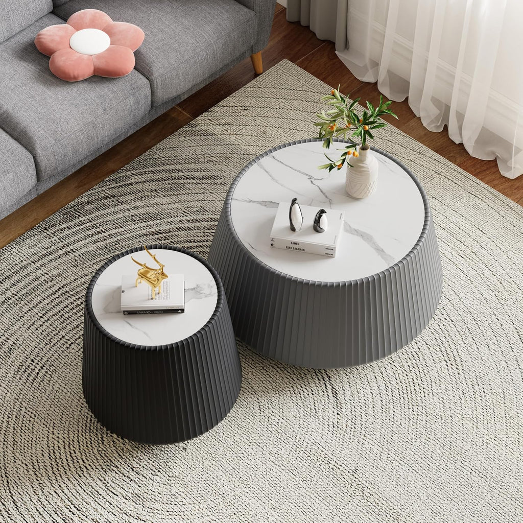 Round Living Room Table Set, 26.77' Grey Drum Center Table and 19.68' Black Coffee Table Set, 2 Pieces Coffee Table Set with Sintered Stone Tabletop, Fluted PU Leather Covered and Stable Base