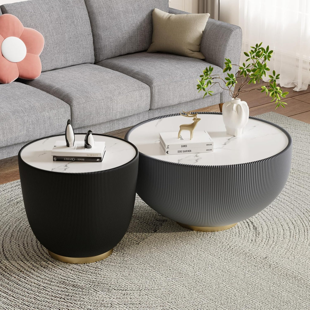 Round Living Room Table Set, 27.56' Grey Drum Center Table and 19.69' Black Coffee Table Set, 2 Pieces Coffee Table Set with Sintered Stone Tabletop, Fluted PU Leather Covered and Metal Base