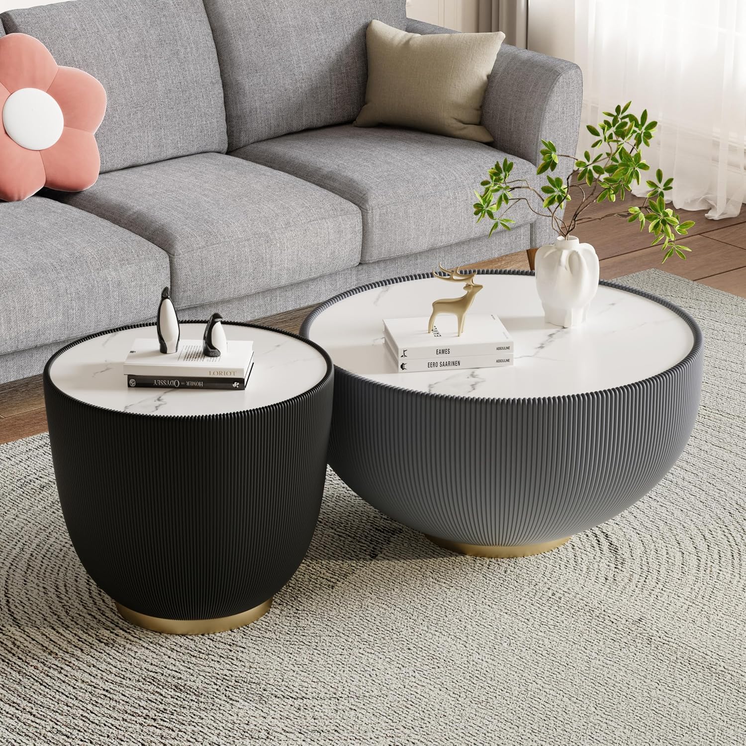 Round Coffee Table Set, 27.56' Grey Drum Center Table and 19.69' Black Coffee Table Set, 2 Pieces Living Room Table Set with Sintered Stone Tabletop, Fluted PU Leather Covered and Metal Base