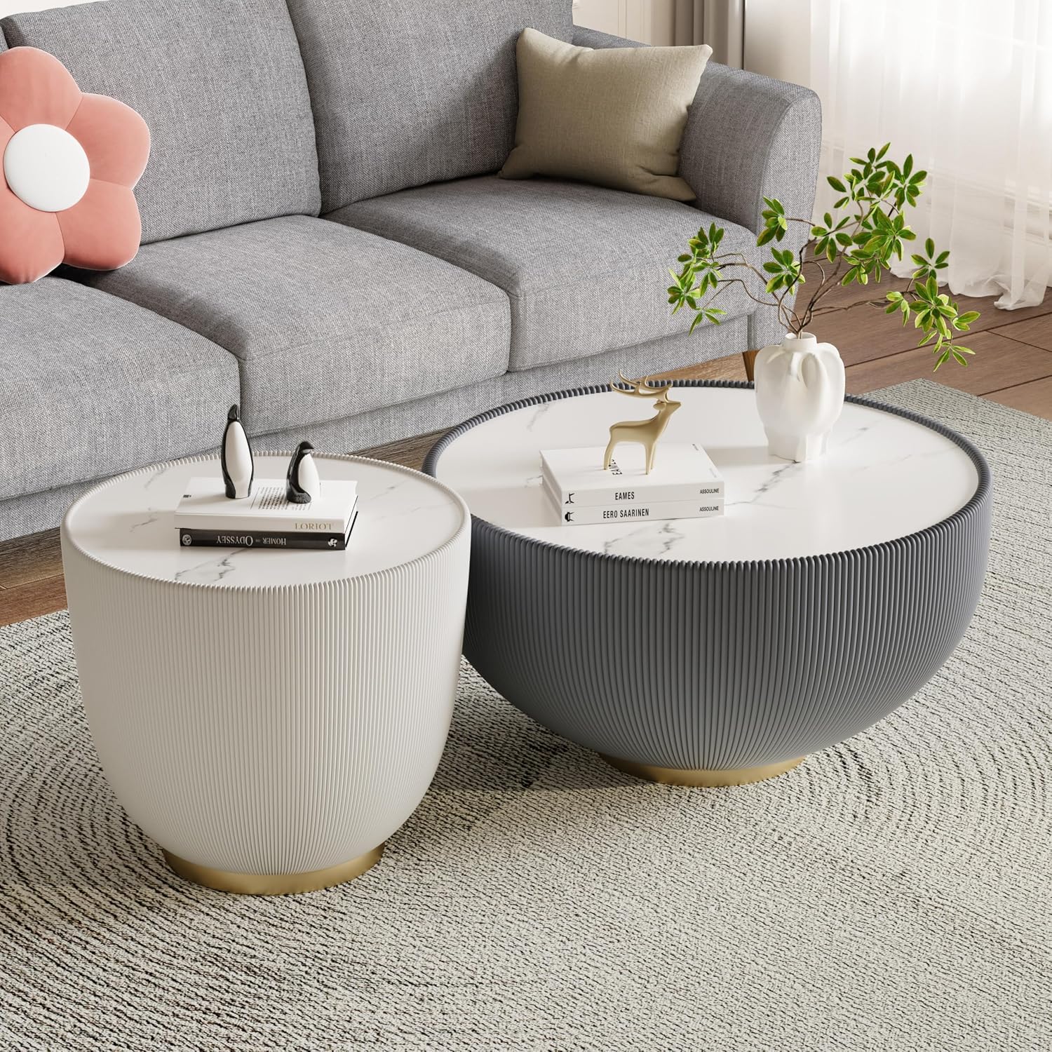 27.56' Grey Round Coffee Table, Drum Coffee Table with Sintered Stone Tabletop and Fluted PU Leather Covered and Metal Base, Circle Cocktail Tea Table for Living Room