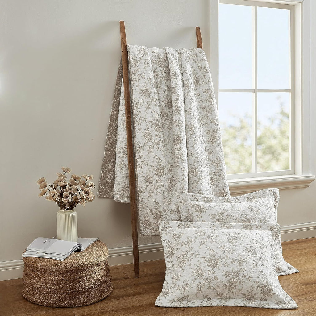 Laura Ashley - King Quilt Set, Reversible Floral Cotton Bedding with Matching Shams, Medium Weight for Year Round Use, Oek-Tex Certified (Walled Garden Brown)