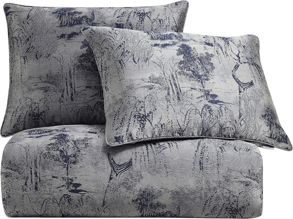 HiEnd Accents Pastoral Jacquard 3 Piece Comforter Set with Pillow Shams, King, Silver Metallic Tree Floral Abstract Pattern, Modern Style Luxury Bedding Set, 1 Comforter Cover, 2 Pillowcases