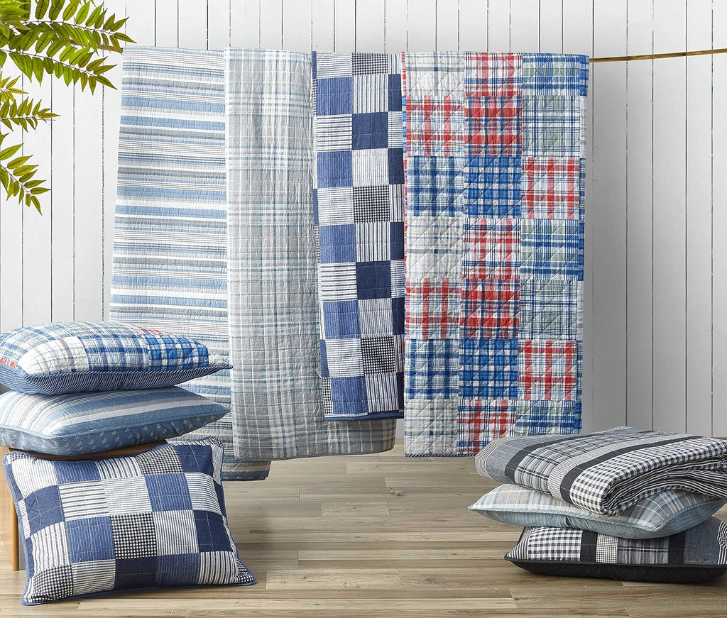 Nautica - Queen Quilt Set, 100% Cotton Bedding with Matching Shams, Reversible Stripe and Anchor Design, Lightweight for Year-Round Layering (Jettison Blue)