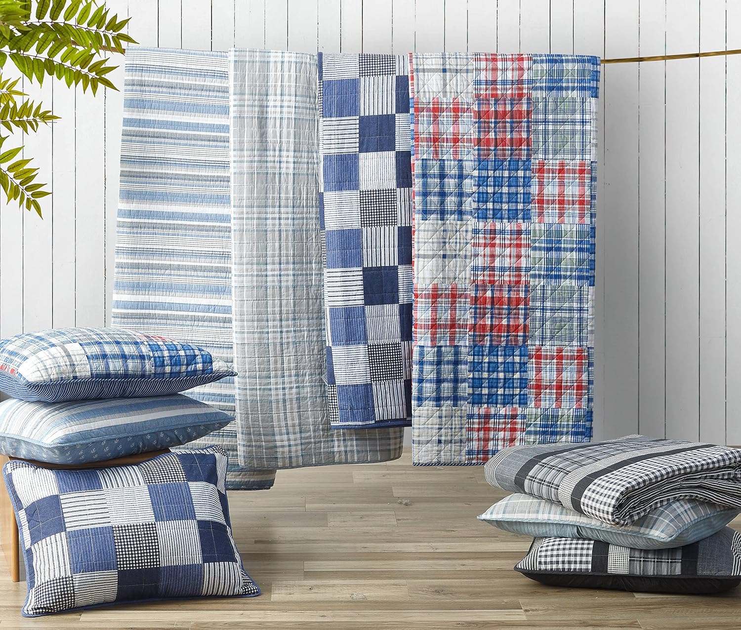 Nautica - Queen Quilt Set, 100% Cotton Bedding with Matching Shams, Reversible Stripe and Anchor Design, Lightweight for Year-Round Layering (Jettison Blue)