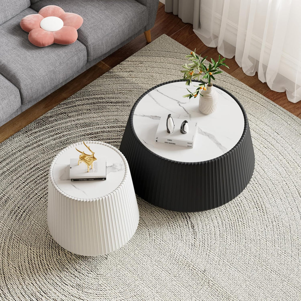 Round Living Room Table Set, 26.77' Black Drum Center Table and 19.68' White Coffee Table Set, 2 Pieces Coffee Table Set with Sintered Stone Tabletop, Fluted PU Leather Covered and Stable Base