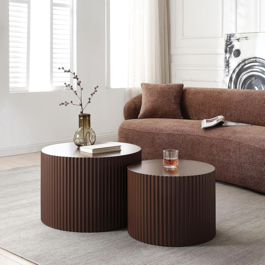 Modern Nesting Coffee Table, Round Wood End Table Set of 2 for Small Space, Living Room - Brown