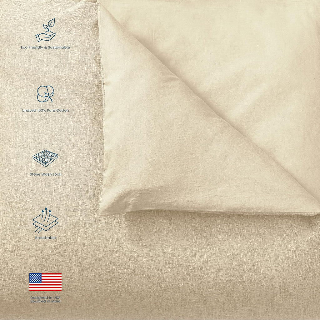 Blue Loom Duvet 100% Cotton Set, 3 Piece, Stone Washed Duvet Set Full/Queen Size 92' x 90' with 2 Matching Pillow Shams, Comforter Not Included, Vivie - Undyed Beige