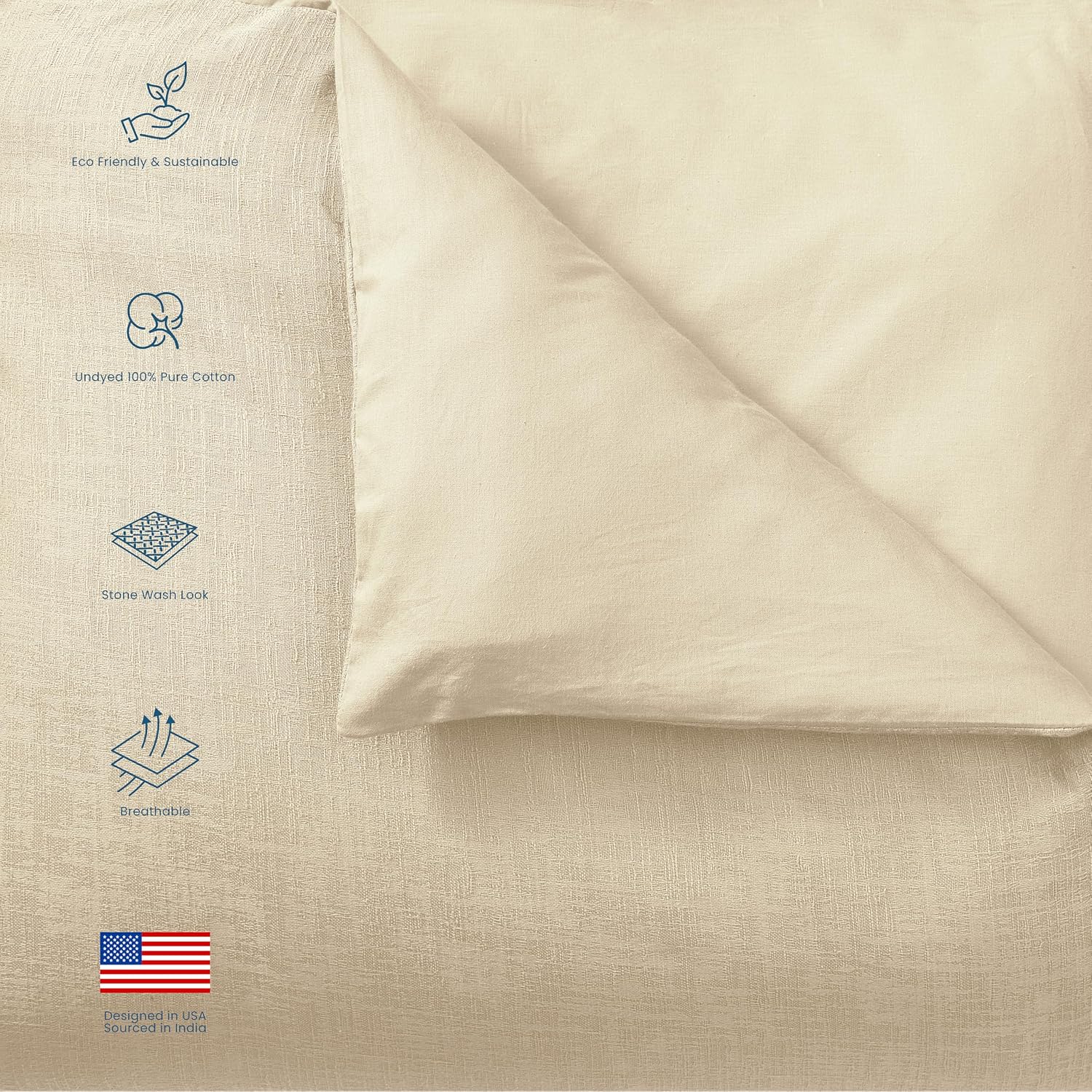 Blue Loom Duvet 100% Cotton Set, 3 Piece, Stone Washed Duvet Set Full/Queen Size 92' x 90' with 2 Matching Pillow Shams, Comforter Not Included, Vivie - Undyed Beige
