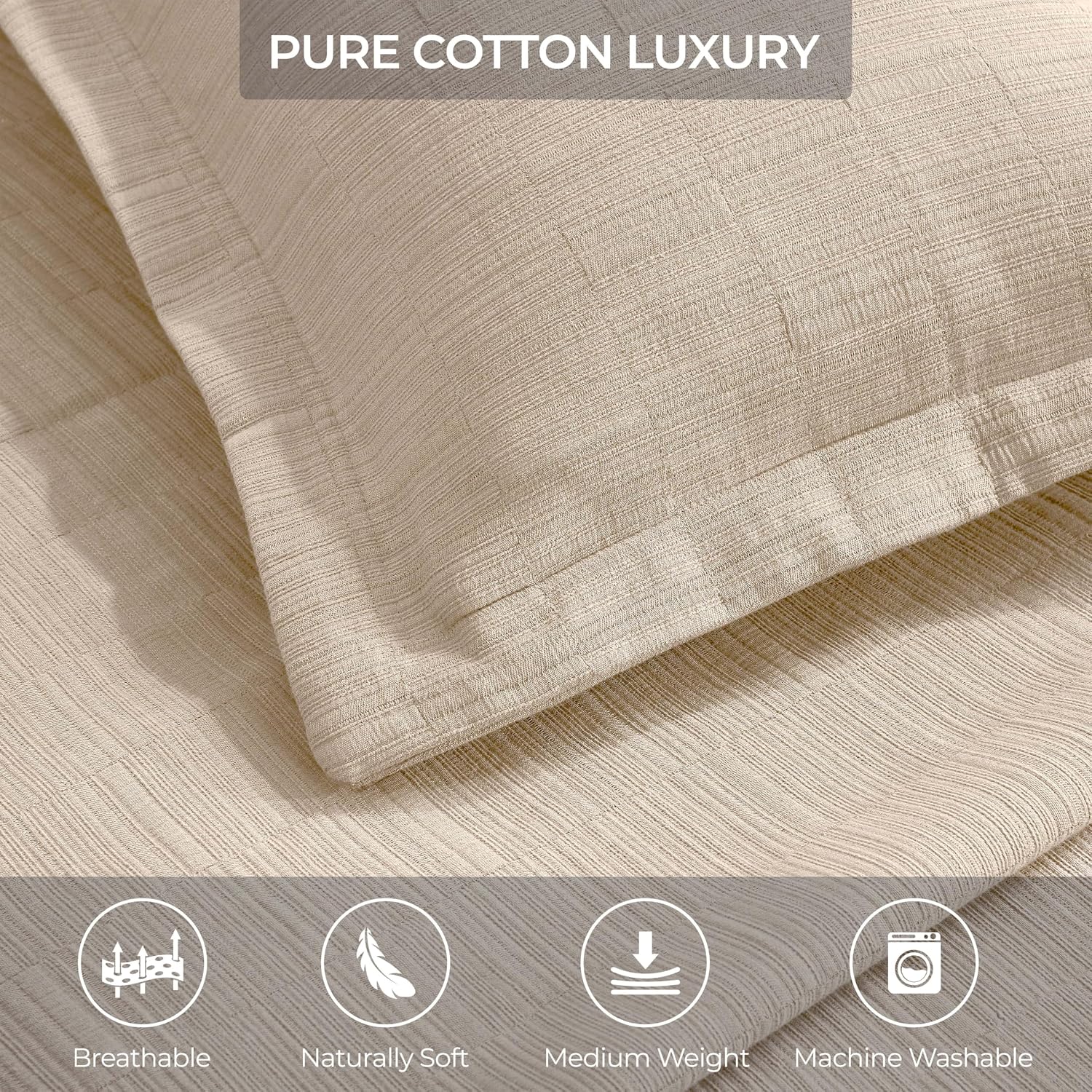 Superior 3 Piece Cotton Bedspread and Sham Set, Home Bed Decor, Decorative Bed Spread, 2 Pillow Shams, Medium Weight, Textured Matelasse Coverlet, Bedding Essentials, Zenith Collection, Full, Beige
