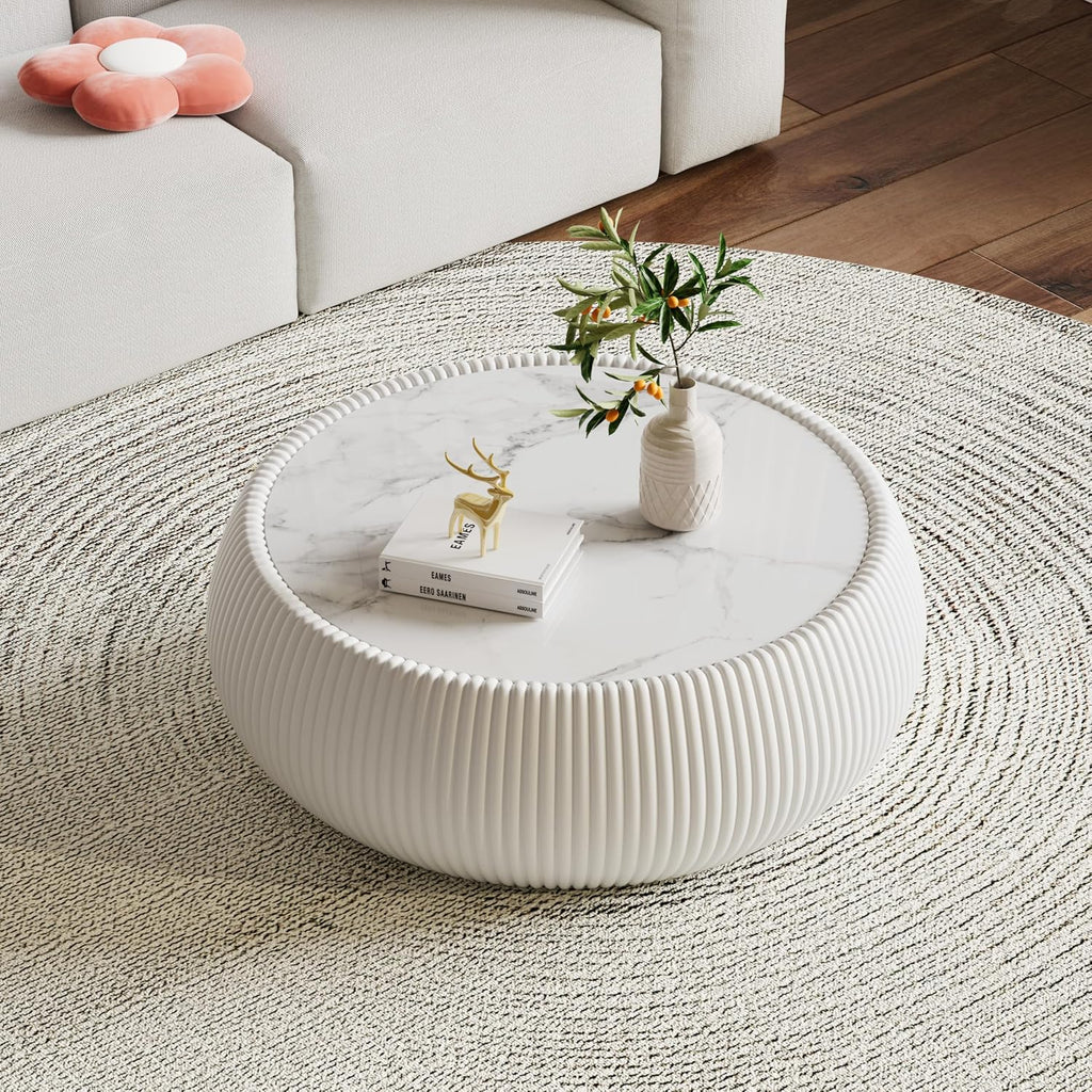 White Round Coffee Table, 27.55' Drum Coffee Table with Sintered Stone Tabletop and Fluted PU Leather Covered and Stable Base, Circle Cocktail Tea Table for Living Room
