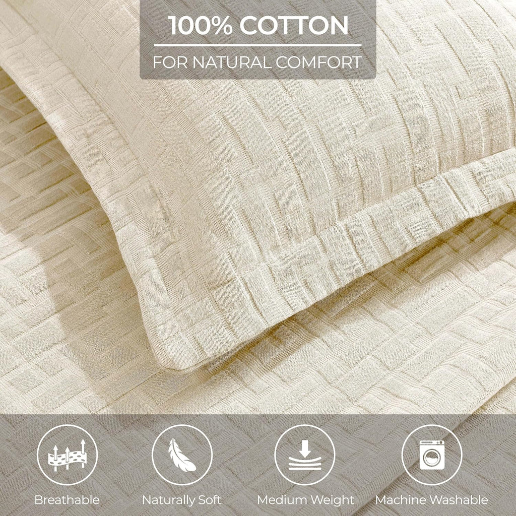 Superior 3 Piece Cotton Bedspread and Sham Set, Home Bed Decor, Decorative Bed Spread, 2 Pillow Shams, Medium Weight, Geometric Matelasse Coverlet, Bedding Essentials, Madrid Collection, Queen, Ivory