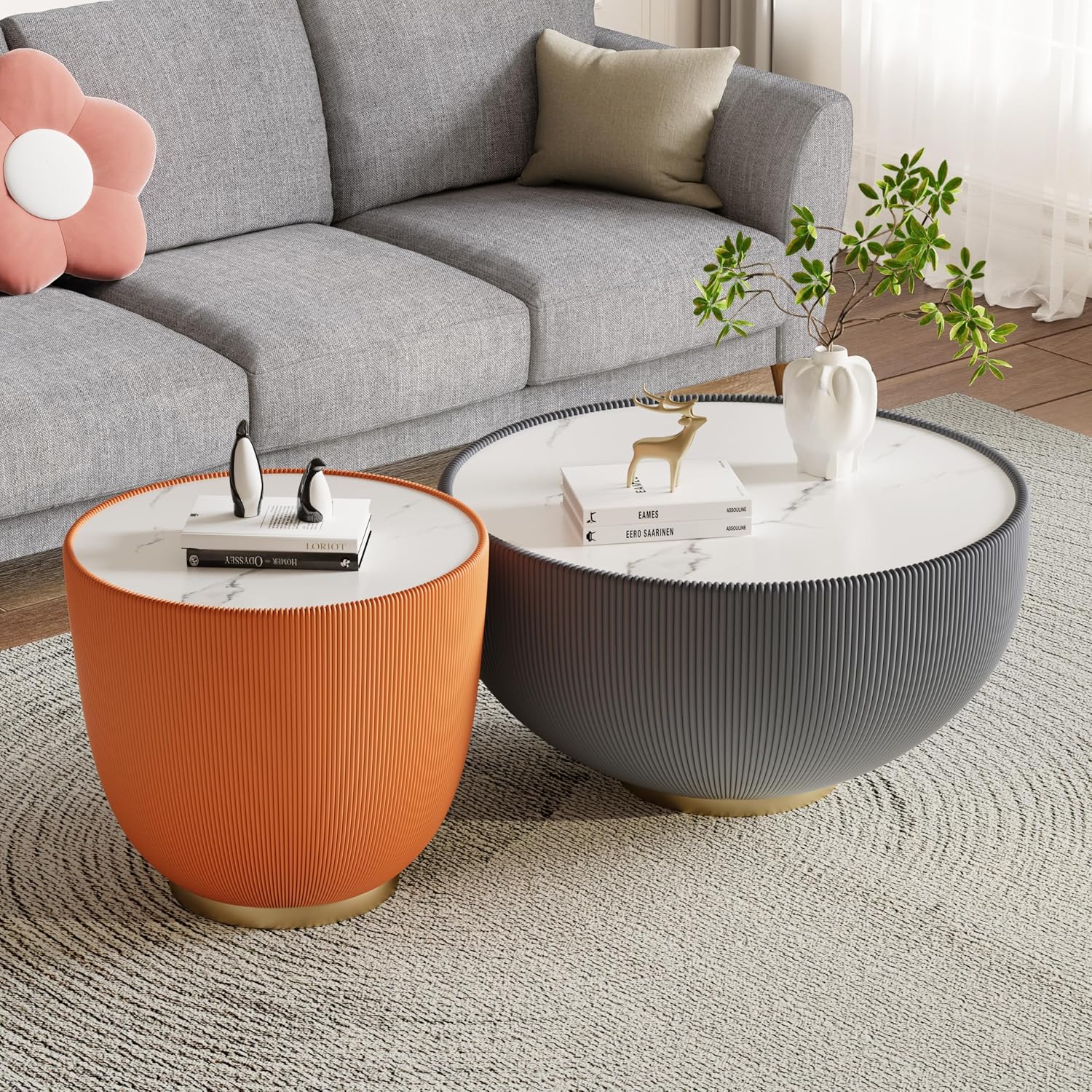 Round Living Room Table Set, 27.56' Grey Drum Center Table and 19.69' Orange Coffee Table Set, 2 Pieces Coffee Table Set with Sintered Stone Tabletop, Fluted PU Leather Covered and Metal Base