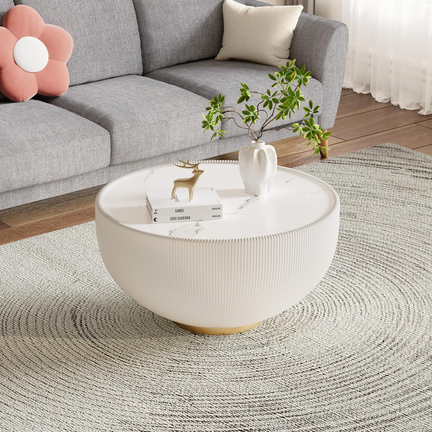 Round Living Room Table Set, 27.56' White Drum Center Table and 19.69' Grey Center Table Set, 2 Pieces Coffee Table Set with Sintered Stone Tabletop, Fluted PU Leather Covered and Metal Base
