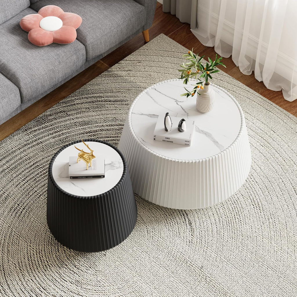Round Living Room Table Set, 26.77' White Drum Center Table and 19.68' Black Coffee Table Set, 2 Pieces Coffee Table Set with Sintered Stone Tabletop, Fluted PU Leather Covered and Stable Base