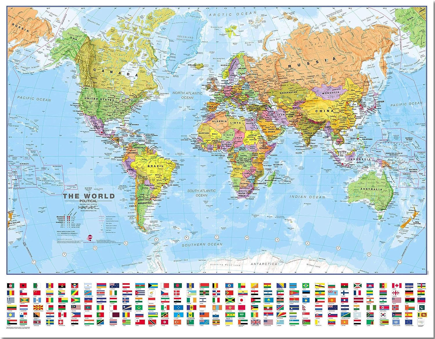 Maps International Small Political World Wall Map with Flags - Pinboard - 18 x 24