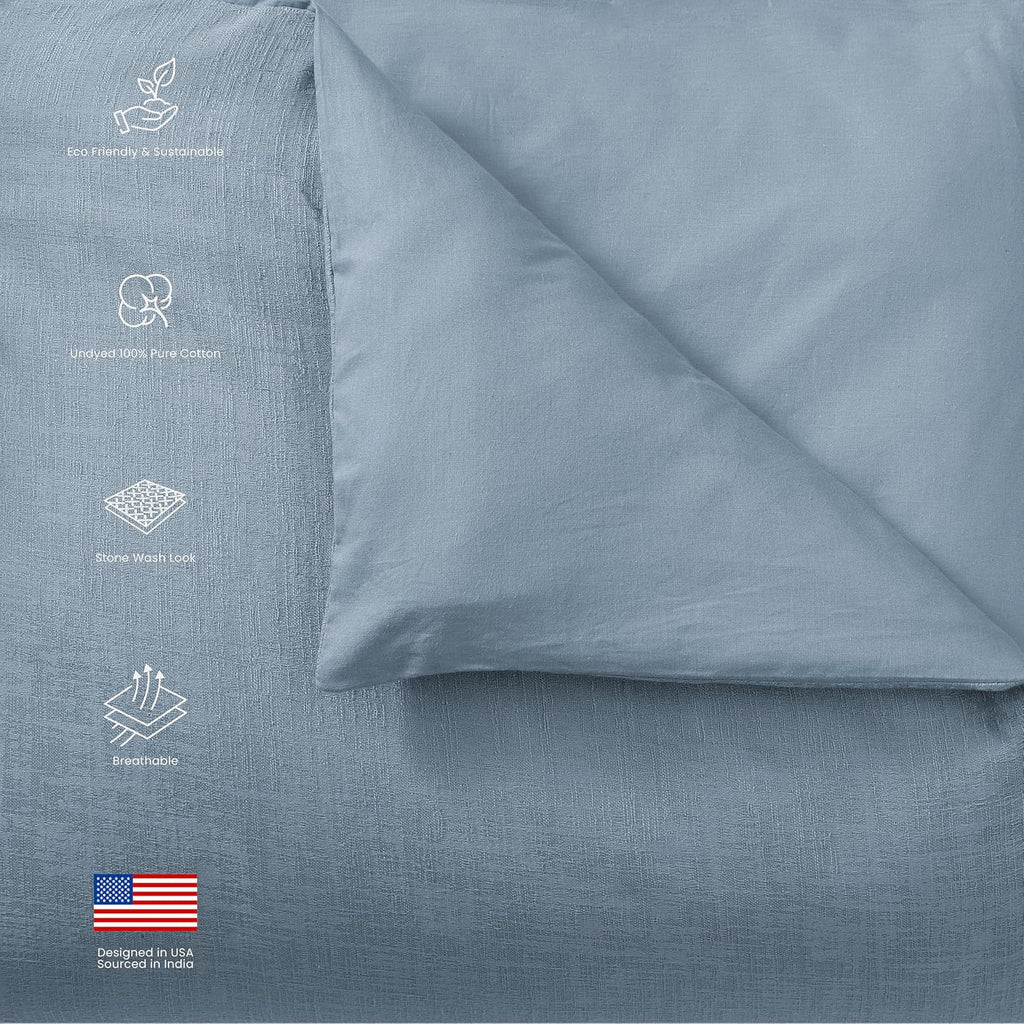 Blue Loom Duvet 100% Cotton Set, 3 Piece, Stone Washed Duvet Set King Size 104' x 92' with 2 Matching Pillow Shams, Comforter Not Included, Vivie - Denim Blue