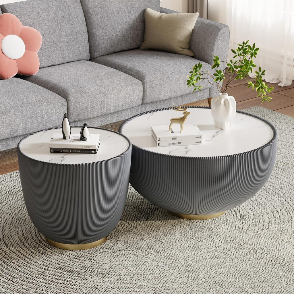27.56' Grey Round Coffee Table, Drum Coffee Table with Sintered Stone Tabletop and Fluted PU Leather Covered and Metal Base, Circle Cocktail Tea Table for Living Room