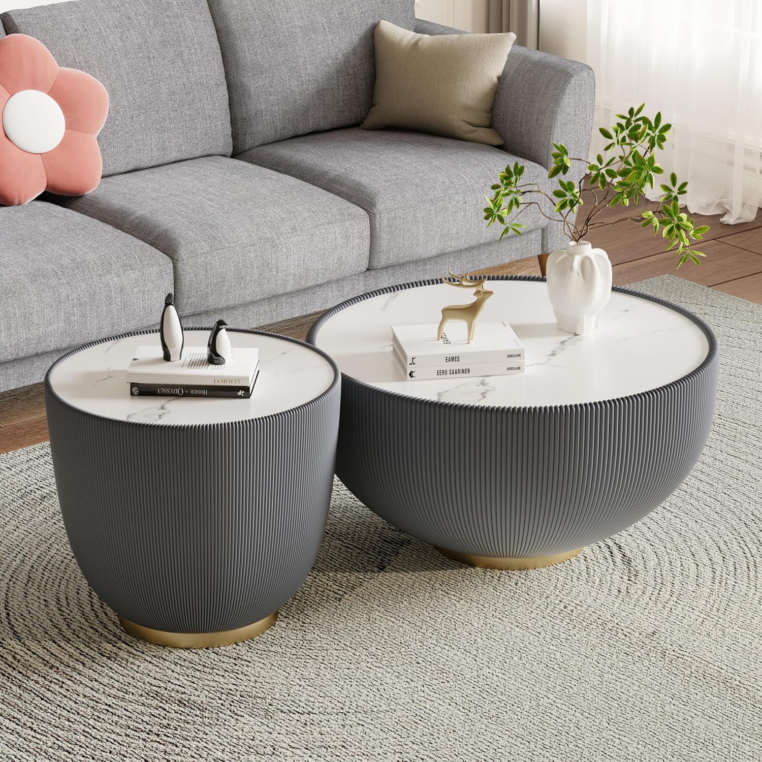 27.56' Grey Round Coffee Table, Drum Coffee Table with Sintered Stone Tabletop and Fluted PU Leather Covered and Metal Base, Circle Cocktail Tea Table for Living Room