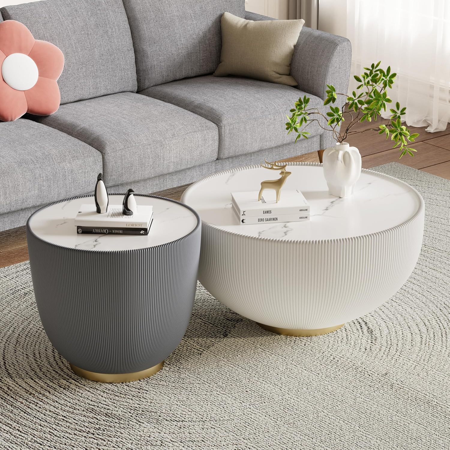 Round Coffee Table Set, 27.56' White Drum Center Table and 19.69' Grey Coffee Table Set, 2 Pieces Living Room Table Set with Sintered Stone Tabletop, Fluted PU Leather Covered and Metal Base