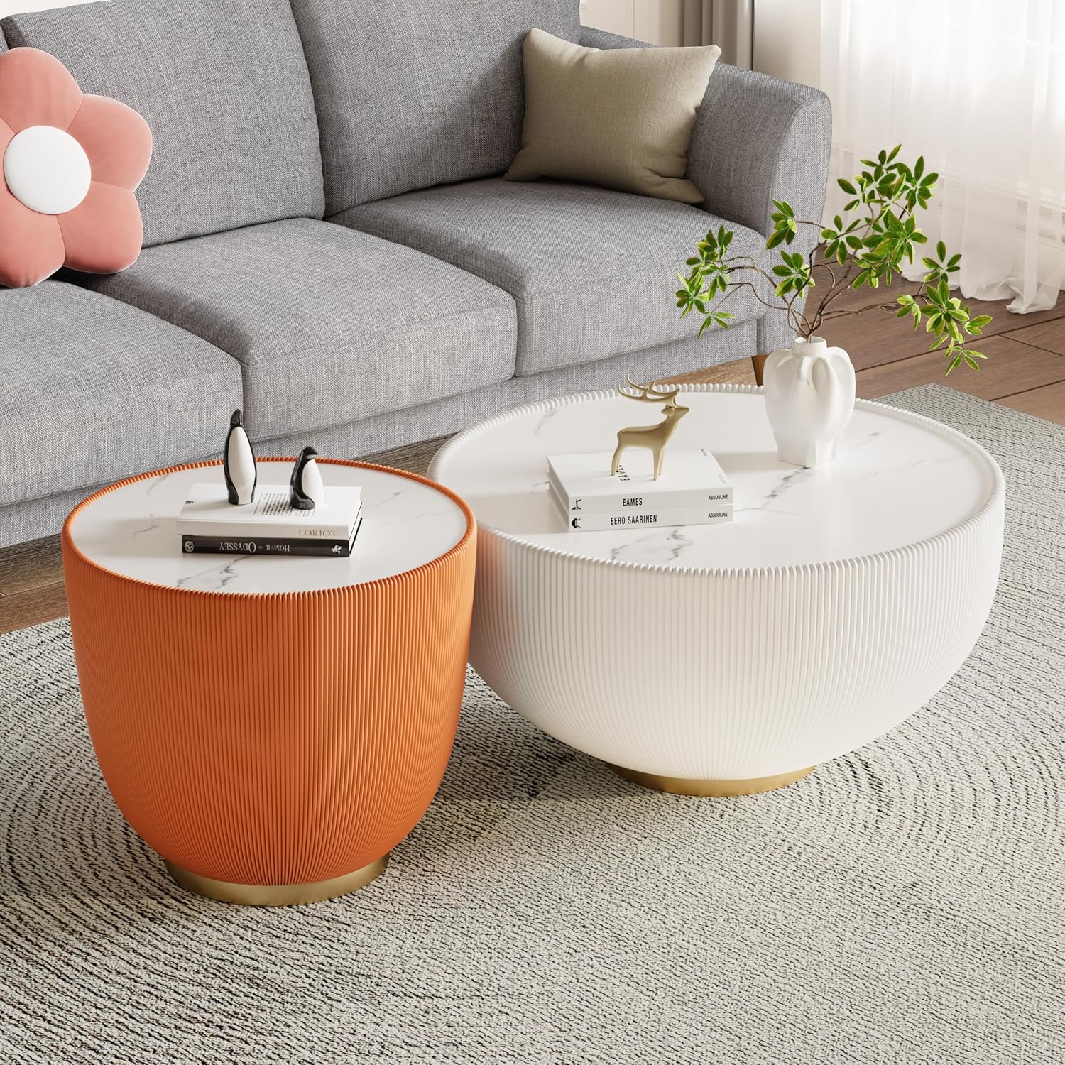 Round Living Room Table Set, 27.56' White Drum Center Table and 19.69' Orange Center Table Set, 2 Pieces Coffee Table Set with Sintered Stone Tabletop, Fluted PU Leather Covered and Metal Base