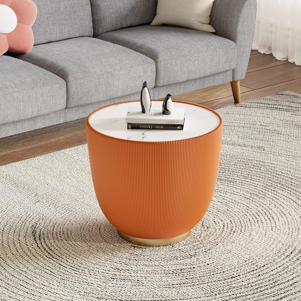 Round Coffee Table Set, 27.56' Grey Drum Center Table and 19.69' Orange Coffee Table Set, 2 Pieces Living Room Table Set with Sintered Stone Tabletop,Fluted PU Leather Covered and Metal Base