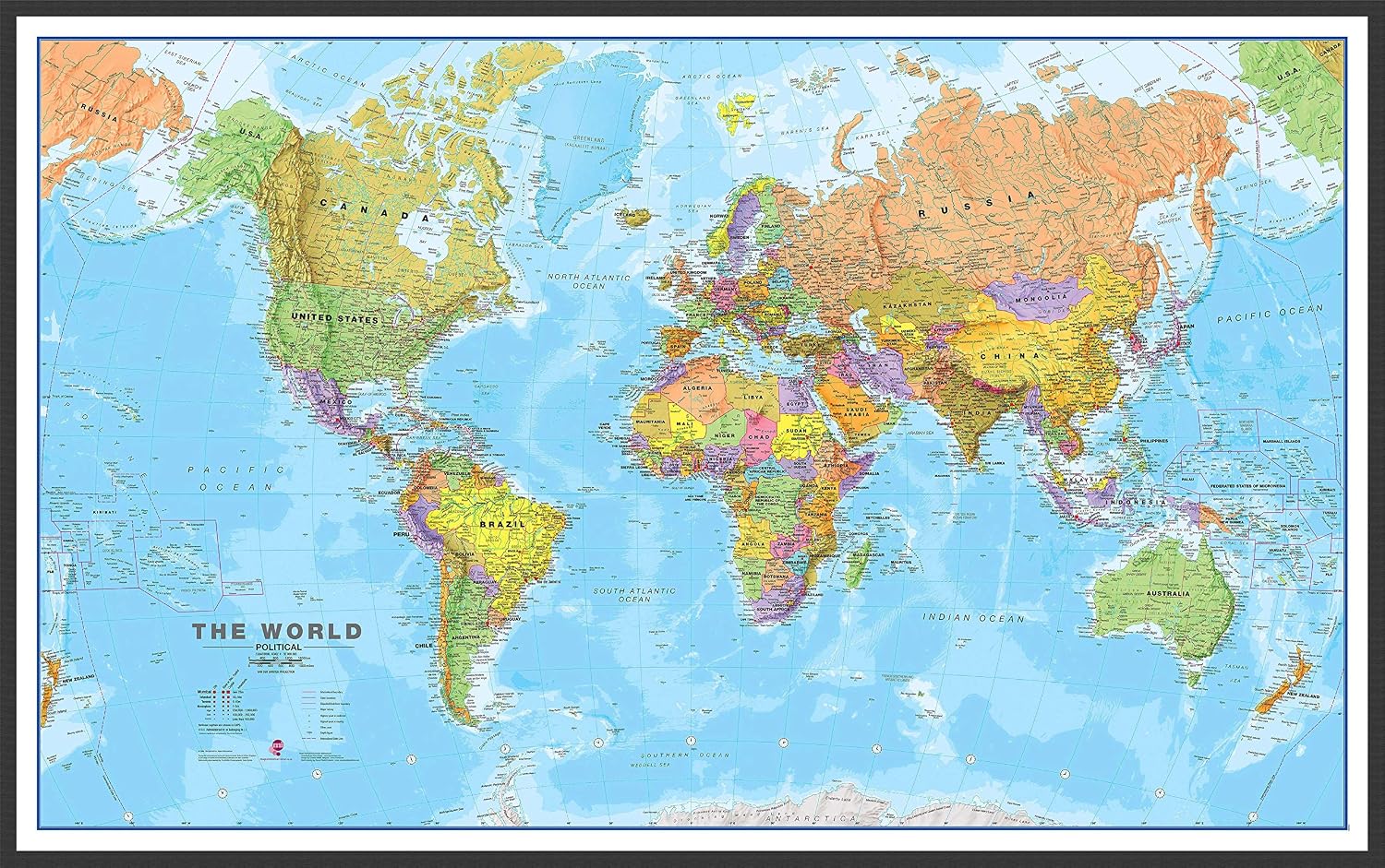 Maps International Large Political World Wall Map - Push Pin Board Mounted with Black Wood Frame - 33 x 47