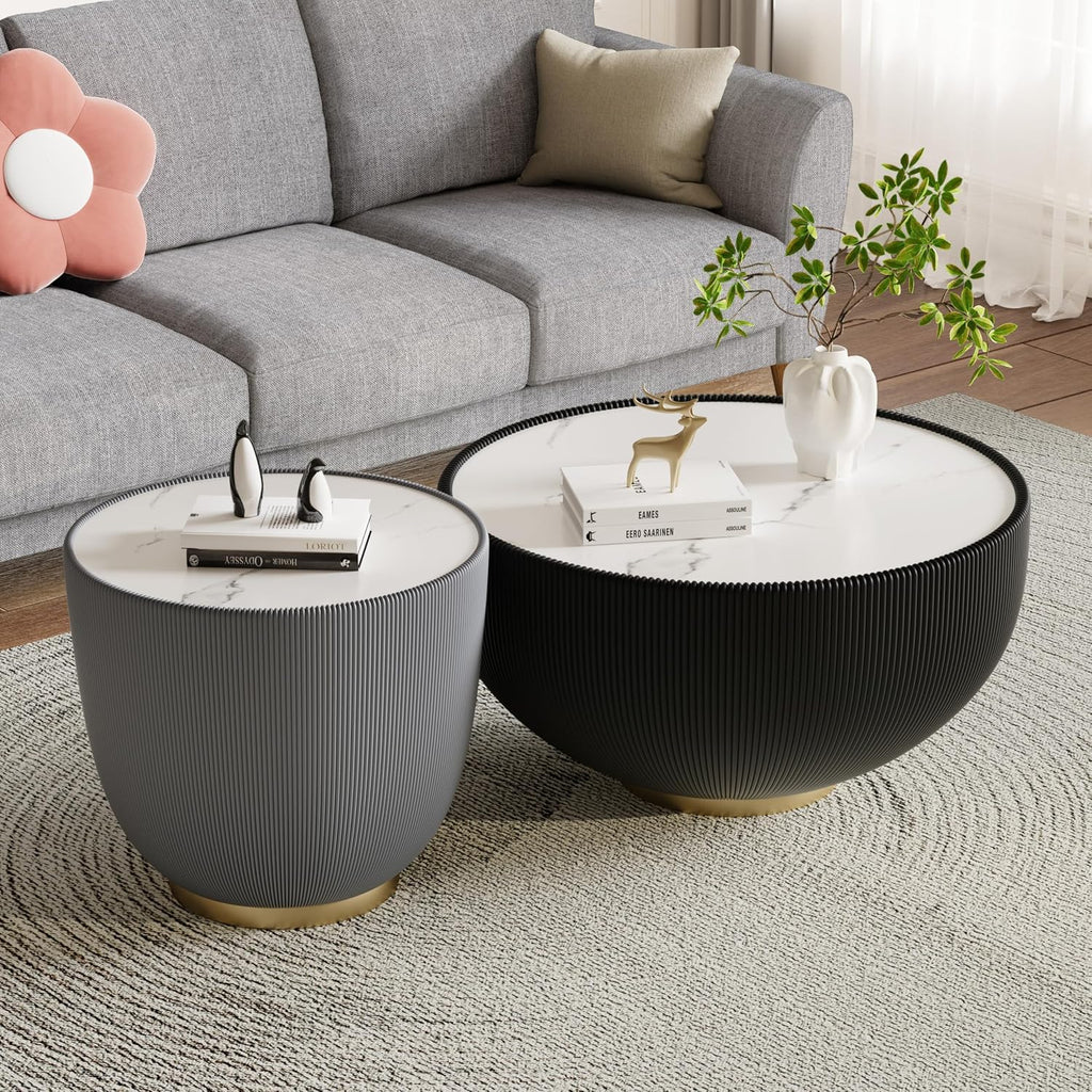 Round Living Room Table Set, 27.56' Black Drum Center Table and 19.69' Grey Coffee Table Set, 2 Pieces Coffee Table Set with Sintered Stone Tabletop, Fluted PU Leather Covered and Metal Base