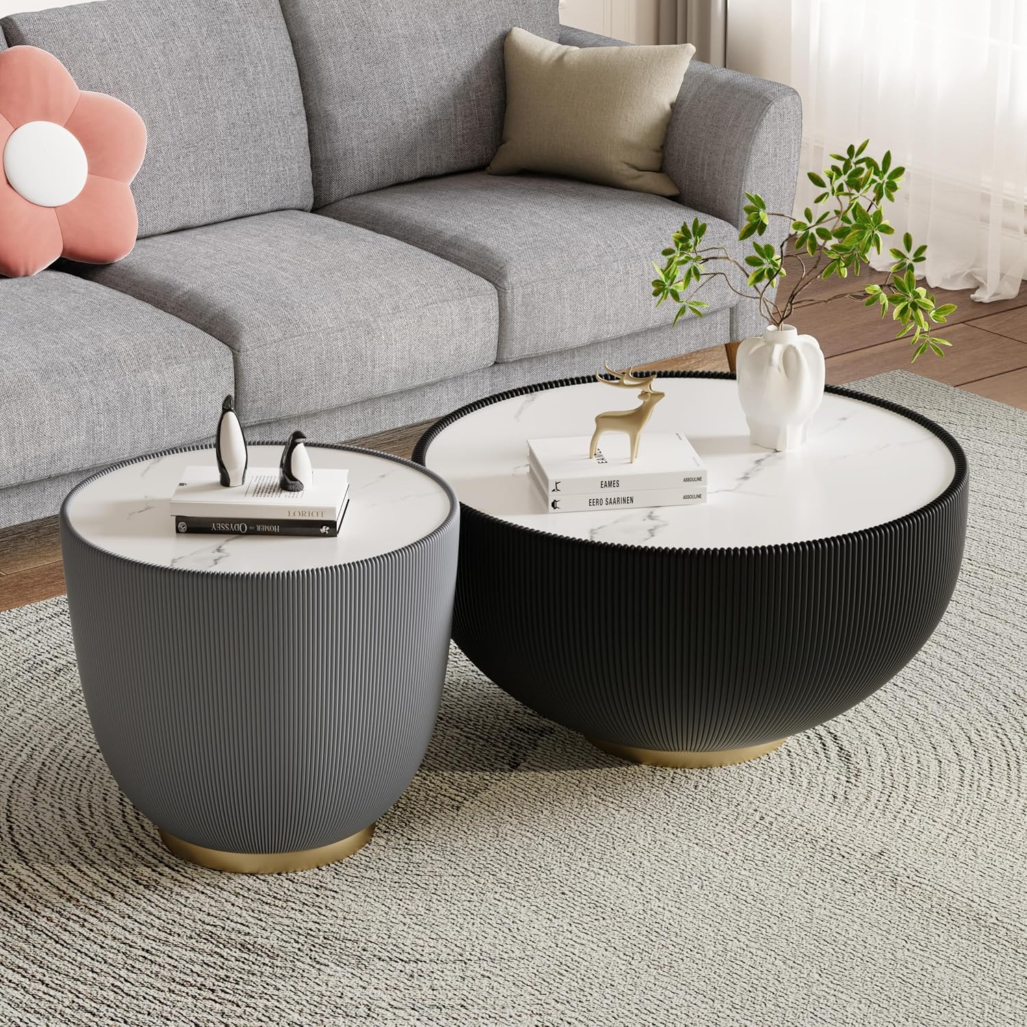 Round Living Room Table Set, 27.56' Black Drum Center Table and 19.69' Grey Coffee Table Set, 2 Pieces Coffee Table Set with Sintered Stone Tabletop, Fluted PU Leather Covered and Metal Base