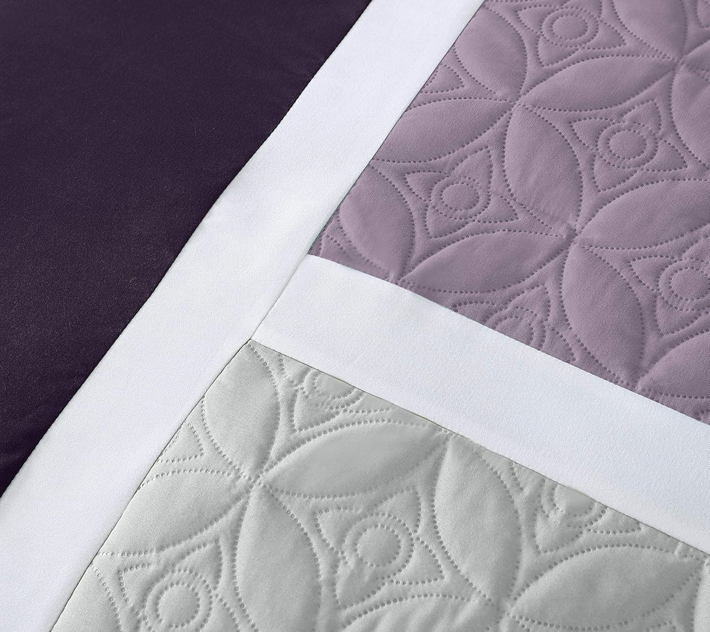 Chezmoi Collection Upland 7-Piece Quilted Patchwork Comforter Set, Lavender/Gray/Purple, Oversized King
