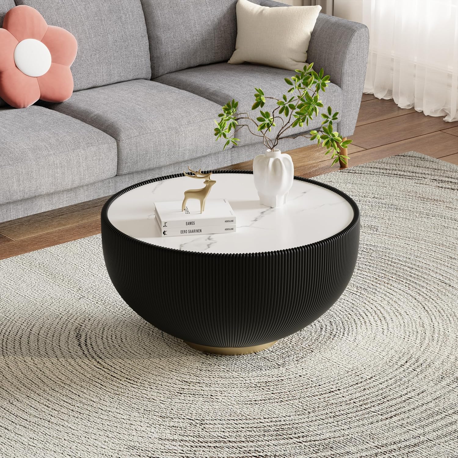 Round Coffee Table Set, 27.56' Black Drum Center Table and 19.69' Orange Coffee Table Set, 2 Pieces Living Room Table Set with Sintered Stone Tabletop, Fluted PU Leather Covered and Metal Base