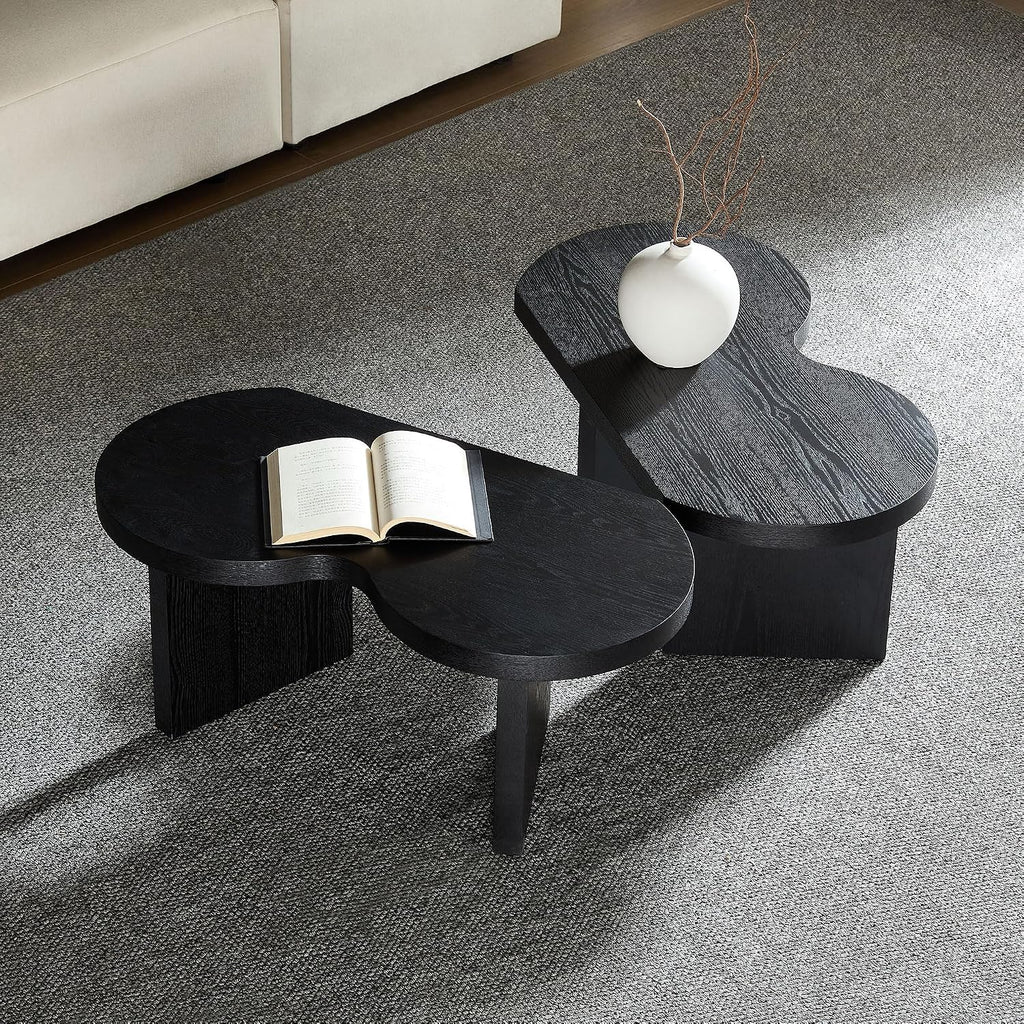 31.49' Nesting Coffee Table Set of 2 for Living Room, Couch/Bedroom Side, Unique Butterfly Shaped, Irregular Wood Fun Center Table for Small Space- Black
