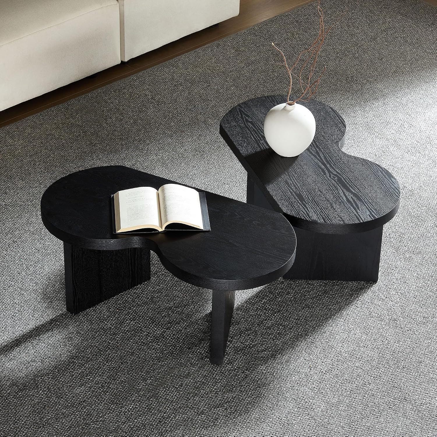 31.49' Nesting Coffee Table Set of 2 for Living Room, Couch/Bedroom Side, Unique Butterfly Shaped, Irregular Wood Fun Center Table for Small Space- Black