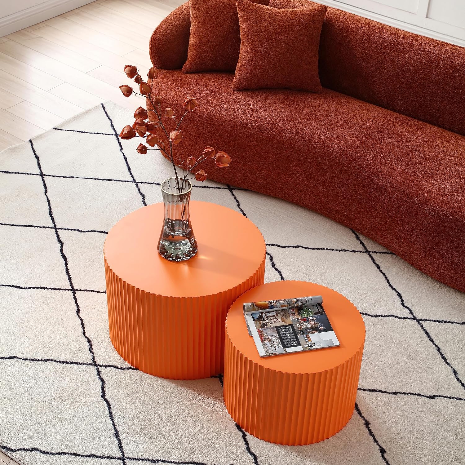 Modern Nesting Coffee Table, Round Wood End Table Set of 2 for Small Space, Living Room - Orange
